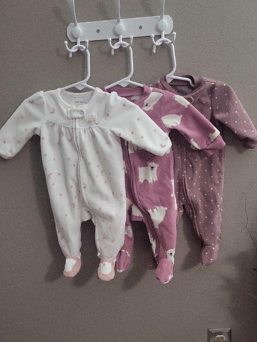 Carter's White, Mauve and Dusty Rose Baby Footed One-Pieces - 3 Pack